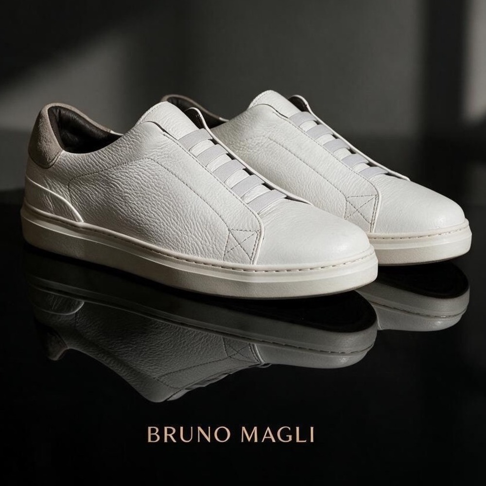 Bruno Magli Salvador Mens White Pebbled Leather Slip On Sneakers 11.5 M EU 44.5